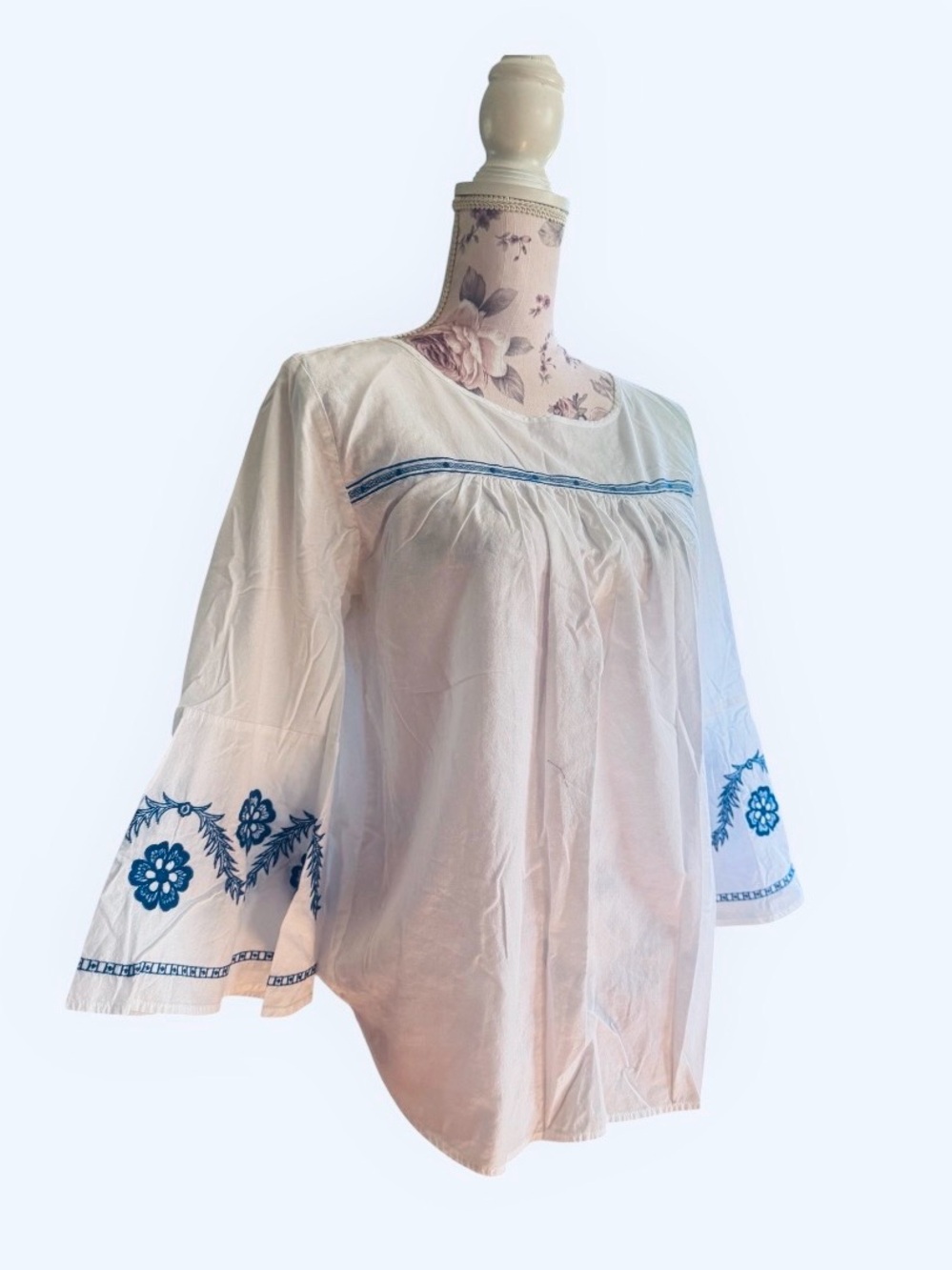 Loft White Cotton Bell Sleeve Blouse with Blue Embroidery - Picture 4 of 4